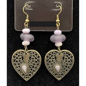 Handmade Metal Heart with Purple Sea Glass & Agate Bead Earrings by Neanie-Bot